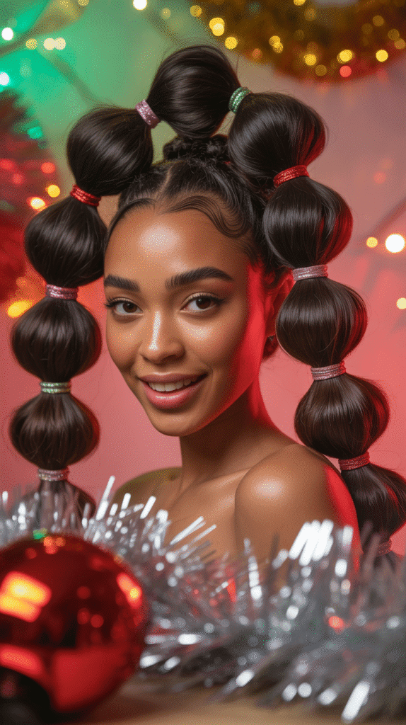 33 Trendy Christmas Hairstyles for Black Women That Slay Every Party 21 Bubble Ponytail with Glittery Elastics