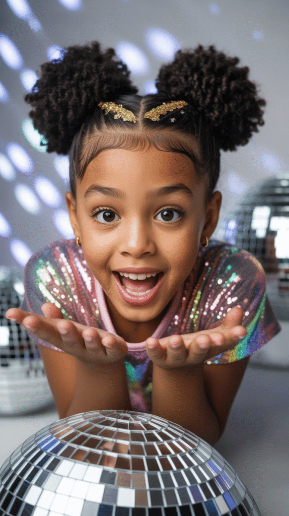 33 Trendy Christmas Hairstyles for Black Kids That Spark Joy 18 Space Buns with Glitter Roots