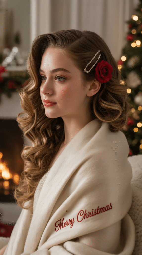 30 Easy Christmas Hairstyles for Teens That Are Fun and Trendy 12 Side Swept Curls with Red Rose Clips