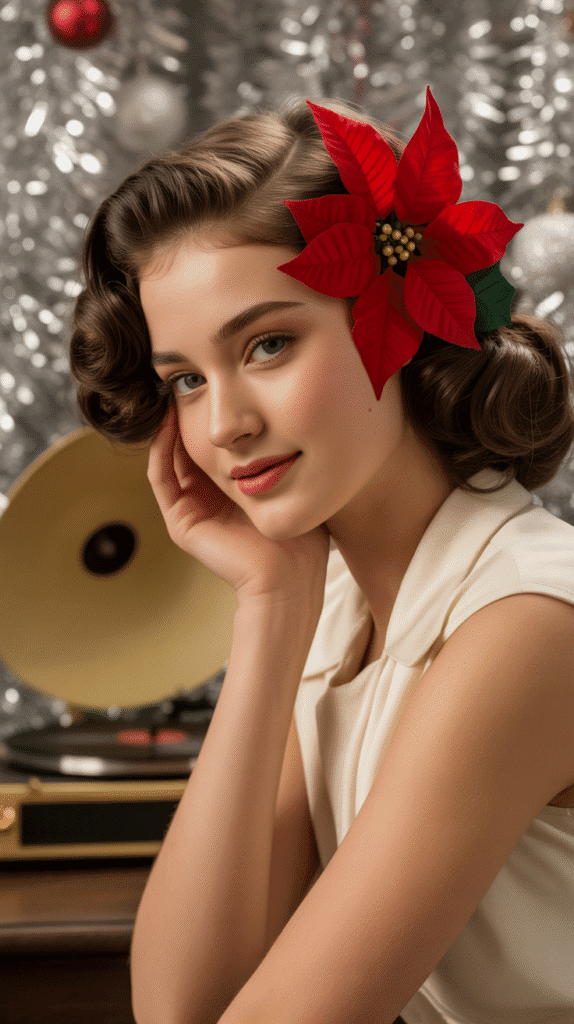 30 Easy Christmas Hairstyles for Teens That Are Fun and Trendy 14 Vintage Victory Rolls with Poinsettia Pin