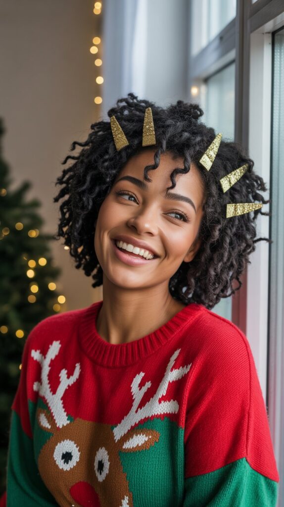 33 Modern Christmas Hairstyles for Curly Hair Full of Bounce and Charm 27 Twist-Out with Festive Clips
