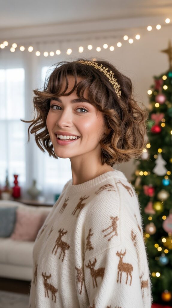 30 Chic Christmas Short Hairstyles That Are Cute and Easy 2 Festive Curly Bob with Headband
