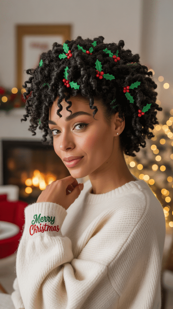 33 Trendy Christmas Hairstyles for Black Women That Slay Every Party 29 Marley Twist Out with Holly Leaf Pins