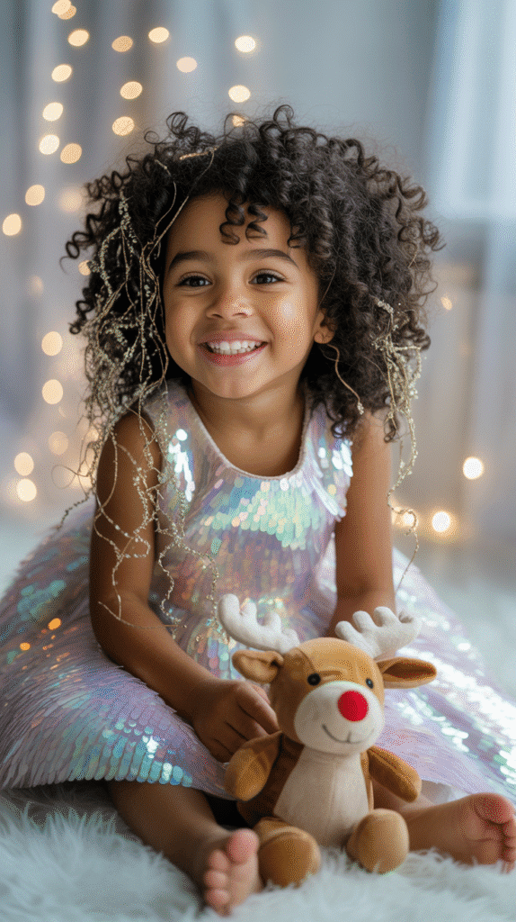 27 Best Christmas Hairstyles for Kids That Are Adorable and Festive 21 Crown of Curls with Gold Tinsel