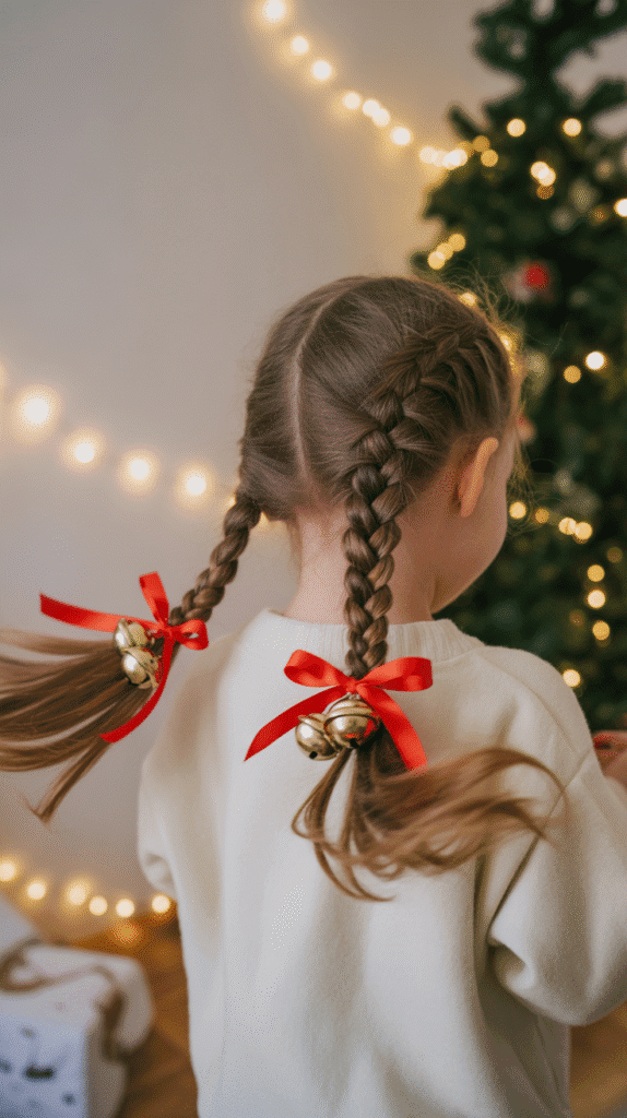 27 Easy Christmas Hairstyles with Braids for a Creative Holiday Look 18 Double French Braids into Pigtails with Jingle Bells