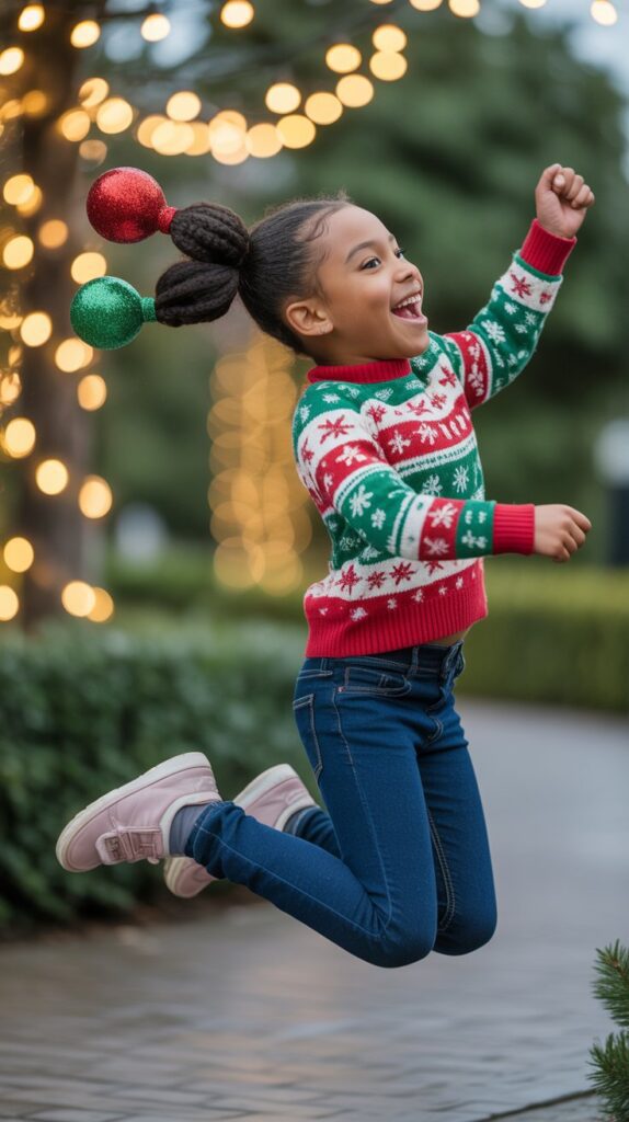 33 Trendy Christmas Hairstyles for Black Kids That Spark Joy 13 Bubble Ponytail with Festive Ties
