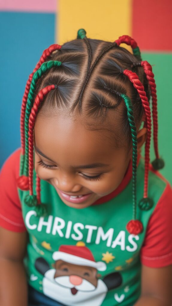 33 Trendy Christmas Hairstyles for Black Kids That Spark Joy 16 Cornrows with Colorful Extensions