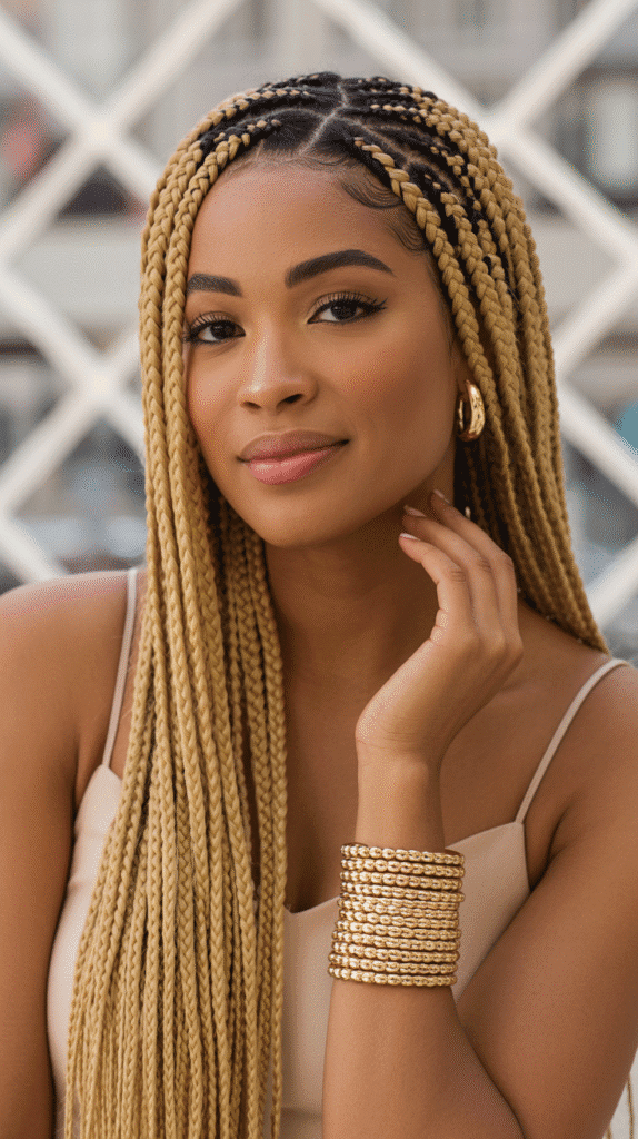 27 Elegant Blonde Prom Hairstyles for Black Women to Shine on Your Big Night 18 Honey Butter Blonde Fulani Braids