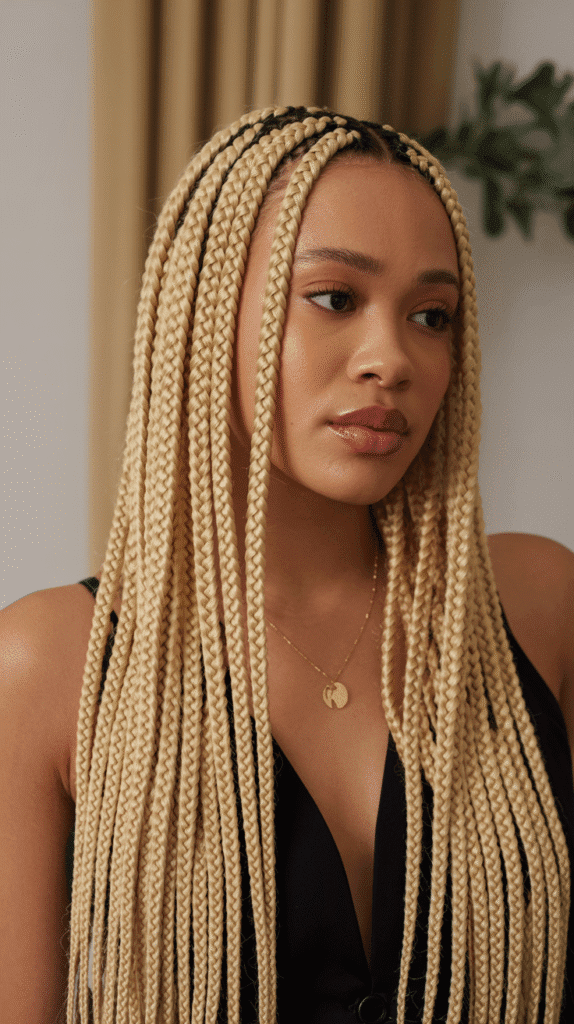27 Elegant Blonde Prom Hairstyles for Black Women to Shine on Your Big Night 24 Golden Blonde Knotless Box Braids