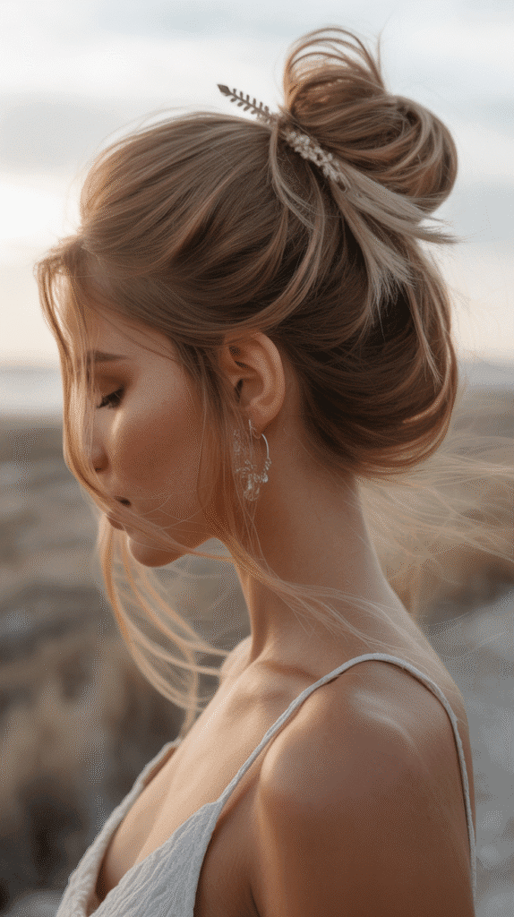 28 Enchanting Whimsical Hairstyles for Long Hair Perfect for Any Occasion 2 Whimsical Messy Bun with Face-Framing Tendrils