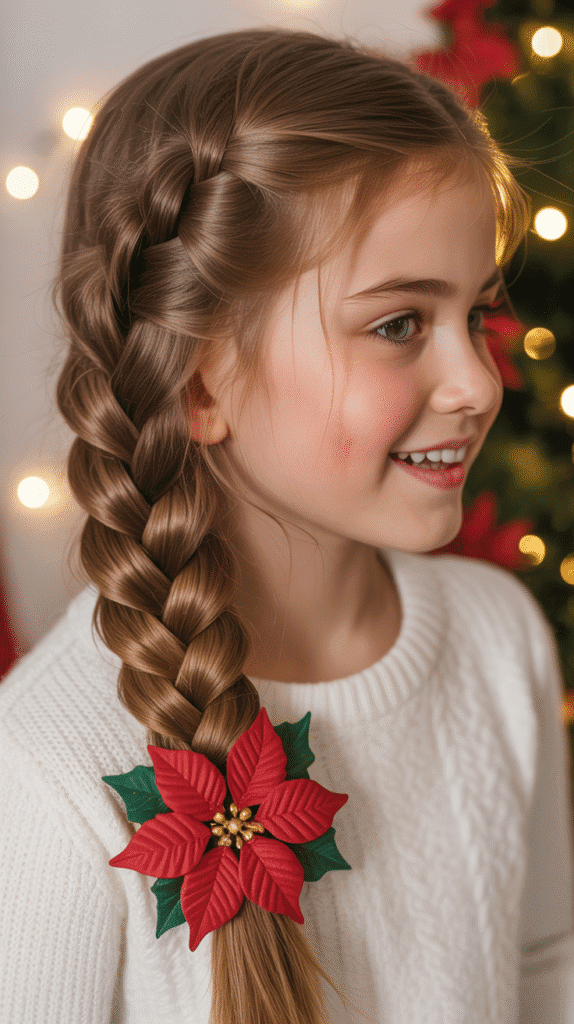 30 Cute Christmas Hairstyles for Girls Perfect for Holiday Parties 17 Side Fishtail Braid with Poinsettia Clip