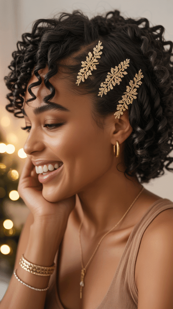 27 Festive Christmas Hairstyles for Black Girls That Shine Bright 7 Voluminous Twist-Out with Gold Leaf Clips