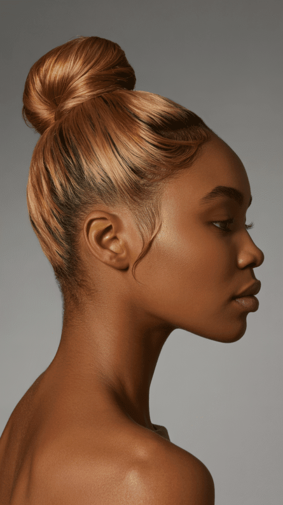 27 Classic Blonde Updo Hairstyles for Black Women for Every Occasion 1 Classic High Bun with Blonde Highlights