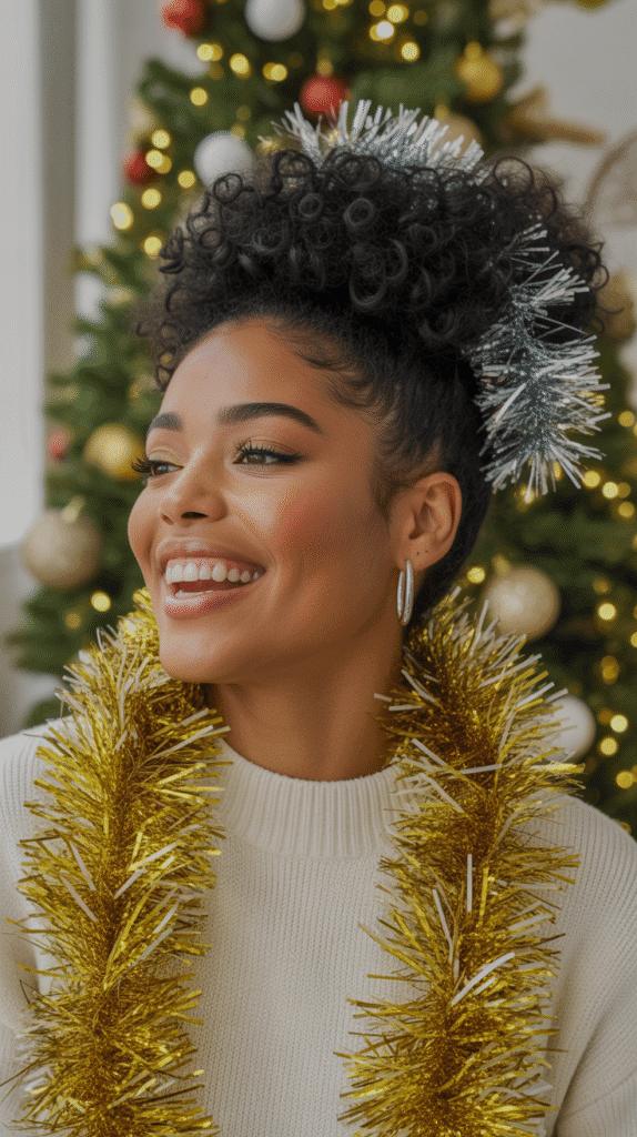 27 Festive Christmas Hairstyles for Black Girls That Shine Bright 3 Curly High Puff with Tinsel Strands