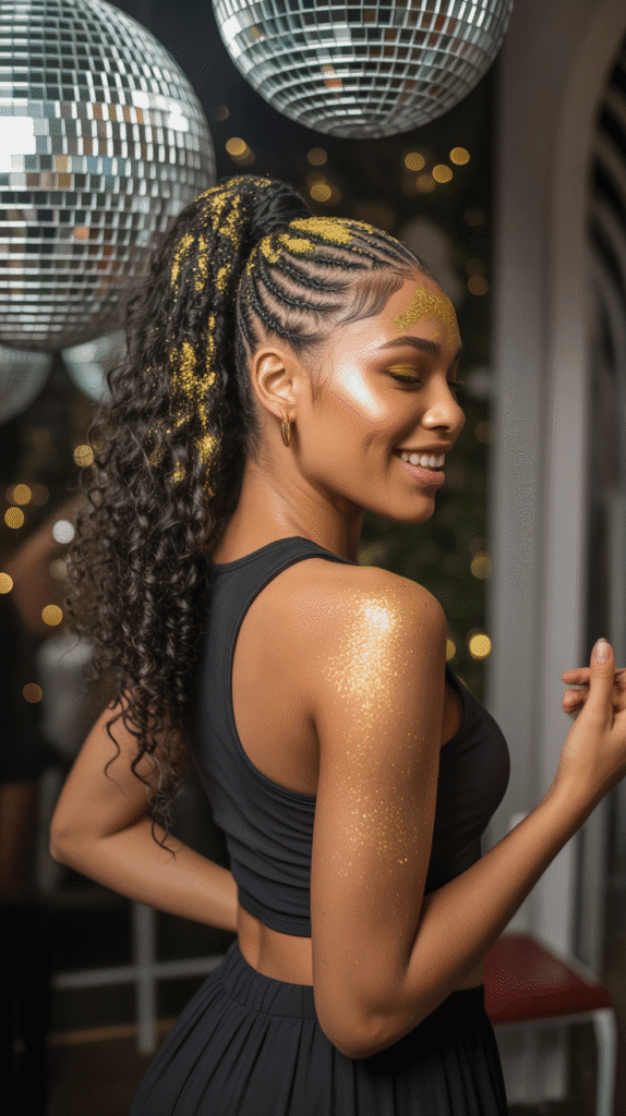 27 Festive Christmas Hairstyles for Black Girls That Shine Bright 15 Cornrow Ponytail with Glitter Spray
