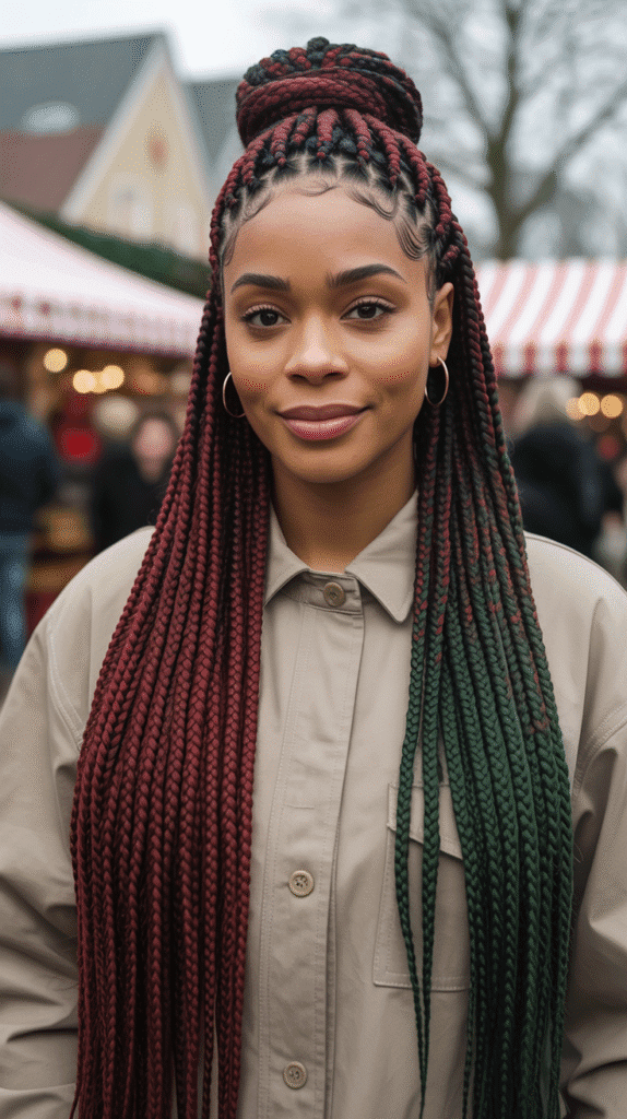 27 Festive Christmas Hairstyles for Black Girls That Shine Bright 22 Two-Toned Braids in Christmas Colors