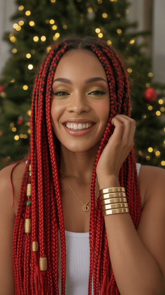 27 Festive Christmas Hairstyles for Black Girls That Shine Bright 1 Christmas Red Box Braids with Golden Accessories