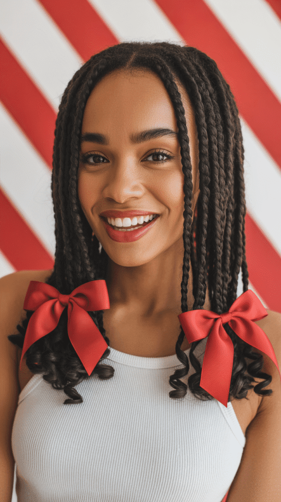 27 Festive Christmas Hairstyles for Black Girls That Shine Bright 25 Crochet Braids with Curly Ends and Ribbon Bows