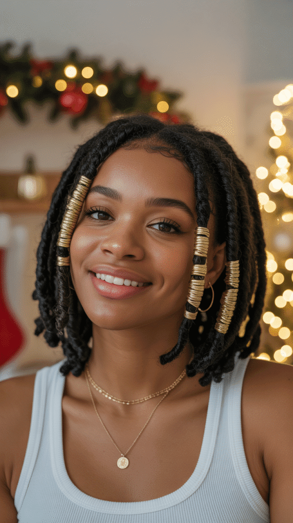 27 Festive Christmas Hairstyles for Black Girls That Shine Bright 12  Faux Locs with Gold Thread Wrapping