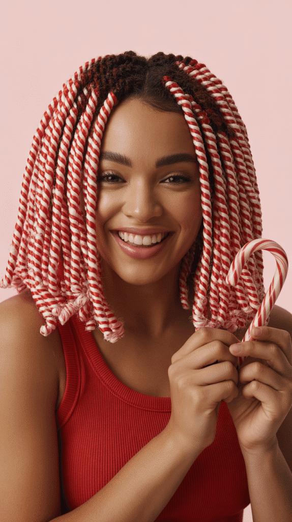 27 Festive Christmas Hairstyles for Black Girls That Shine Bright 14  Passion Twists with Candy Cane Striped Ribbon