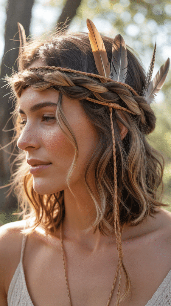 30 Dreamy Whimsical Hairstyles for Medium-Length Hair You'll Fall in Love With 28  Boho Twisted Crown with Accessories