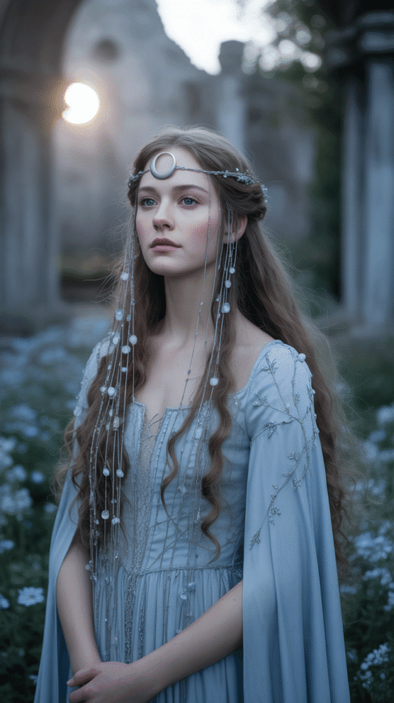 27 Royal Medieval Hairstyles for Princesses with Crowns 26 The Moonlight Maiden Crown