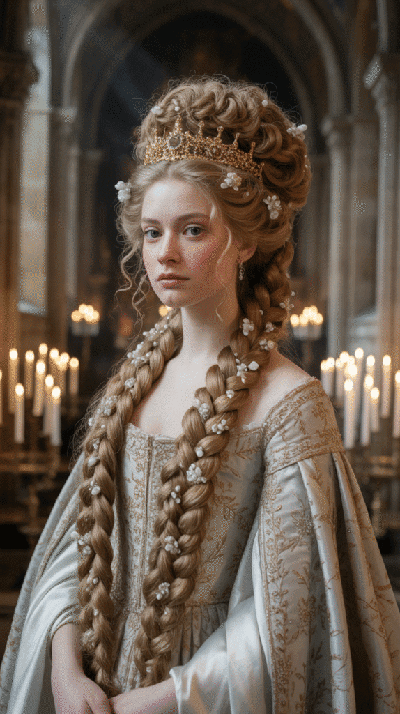 30 Romantic Medieval Hairstyles for Princesses with Curls 30 The Full Medieval Updo with Braided Crown and Curly Bun