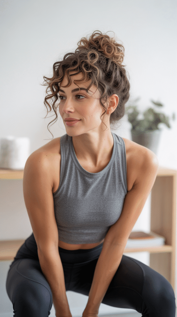 33 Trendy French Hairstyles for Curly Hair That Embrace Natural Beauty 17 Curly Top Knot with Loose Base