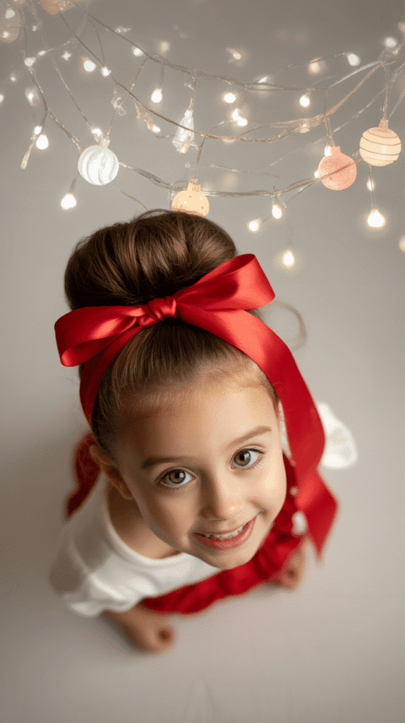 30 Cute Christmas Party Hairstyles for Kids That Are Adorable 6 Festive Top Knot with Ribbon Wrap