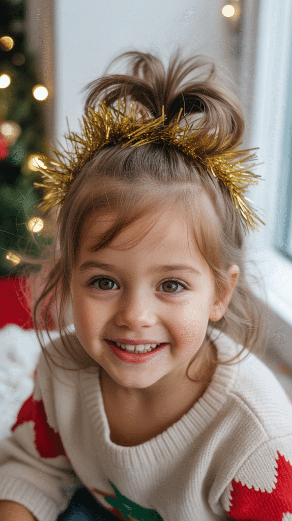 25 Easy Christmas Hairstyles for Kids You Can Do in Minutes 10 Messy Top Knot with Gold Tinsel