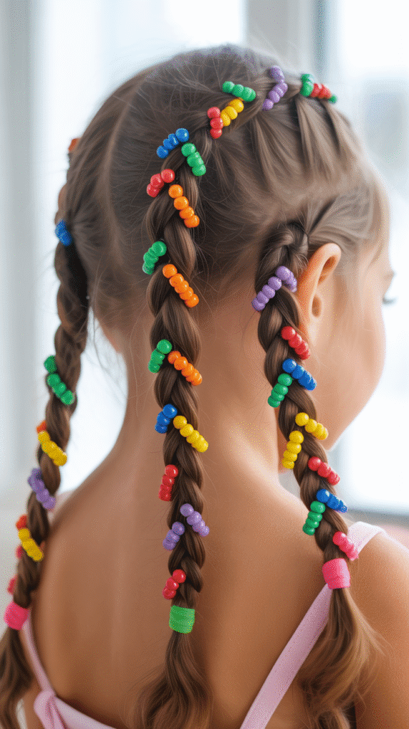 28 Fun Christmas Hairstyles for Kids with Beads Full of Holiday Spirit 19 Triple Braids with Rainbow Christmas Beads