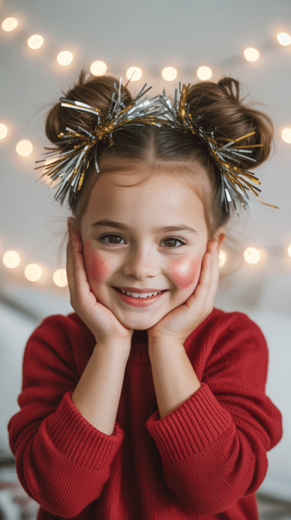 30 Cute Christmas Hairstyles for Girls Perfect for Holiday Parties 15 Space Buns with Holiday Tinsel