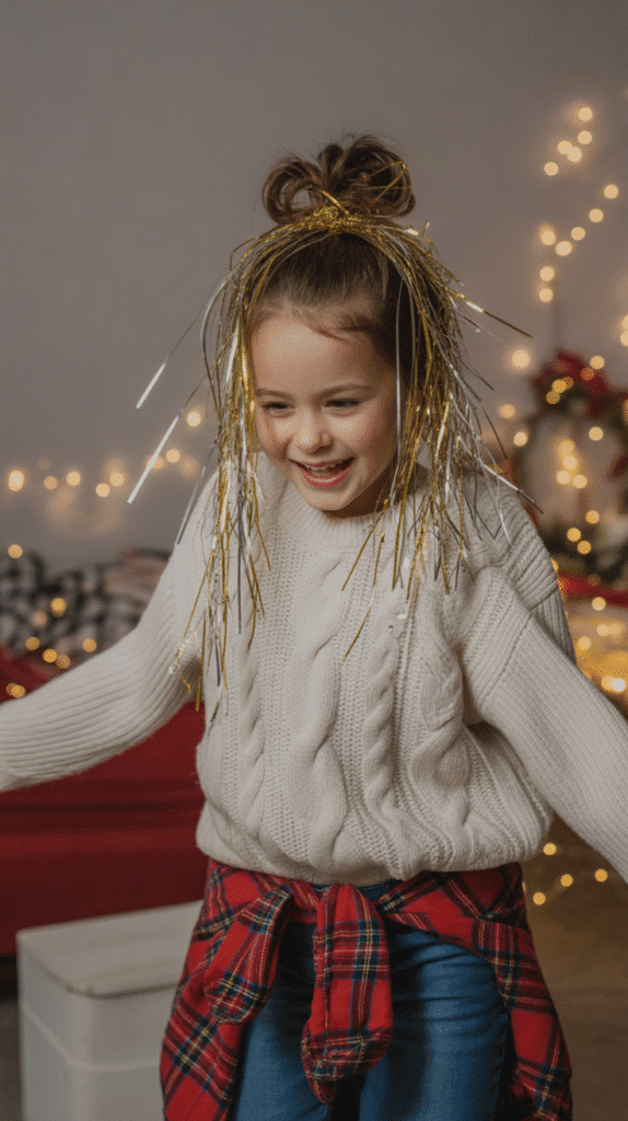 30 Cute Christmas Party Hairstyles for Kids That Are Adorable 11 Messy Bun with Tinsel Strands