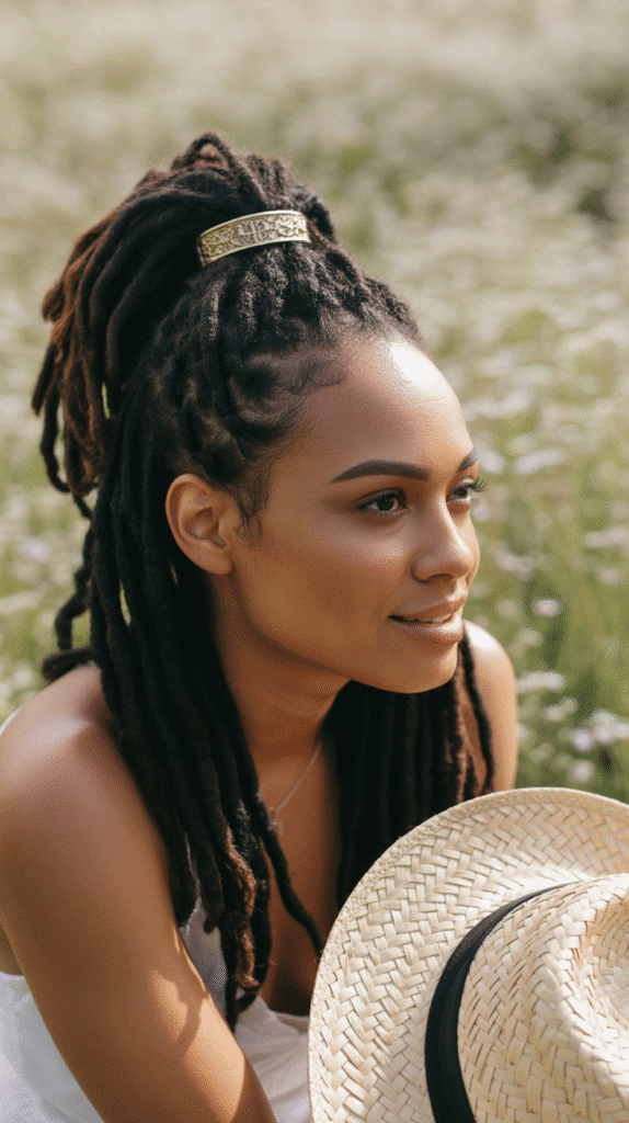 30 Beautiful Medium Dreadlock Styles for Black Women That Stand Out 5 Half-Up, Half-Down Medium Loc Style