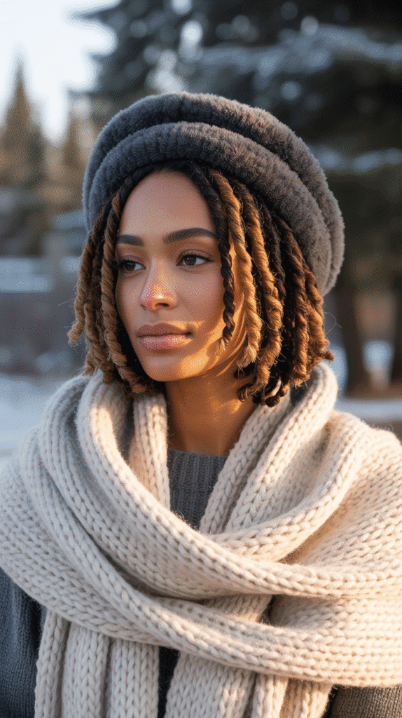 33 Trendy Winter Hairstyles for Black Women in 2025 You'll Fall in Love With 2 Faux Locs with Golden Highlights