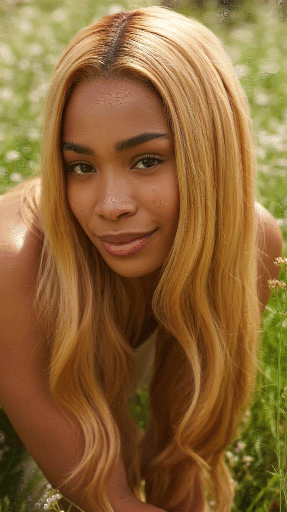30 Long Blonde Hairstyles for Black Women That Slay All Year 1 Honey Blonde Straight Sew-In