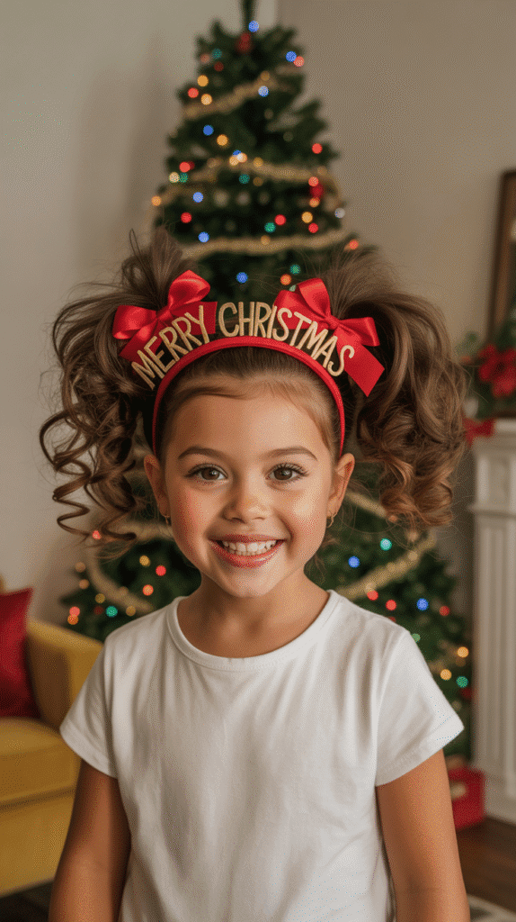 30 Cute Christmas Party Hairstyles for Kids That Are Adorable 16 High Pigtails with Curled Ends