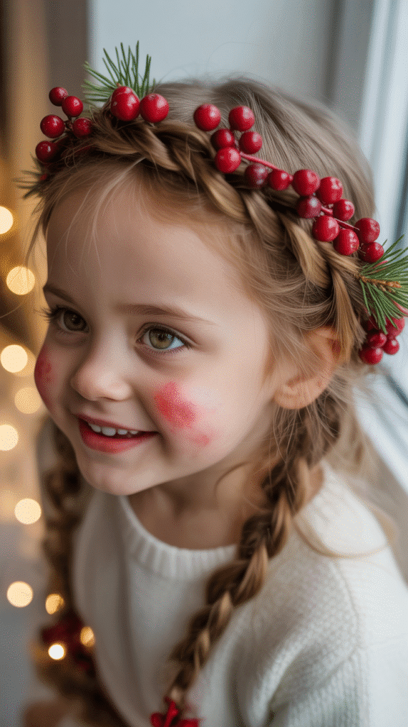 25 Adorable Christmas Hairstyles for Kids That Spark Holiday Joy 20 Twisted Crown with Berries