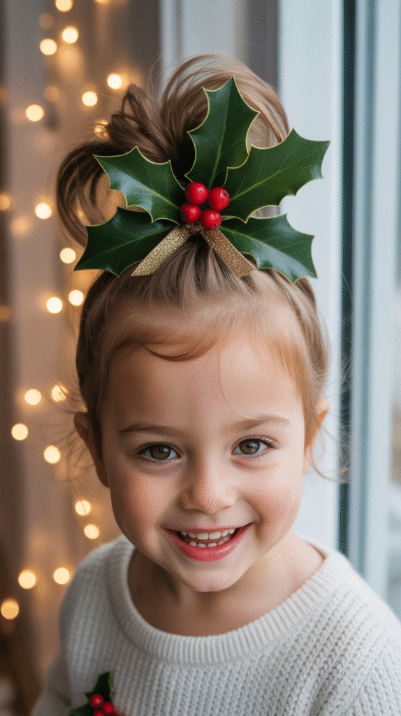 25 Adorable Christmas Hairstyles for Kids That Spark Holiday Joy 13 Holly Berry Top Knot