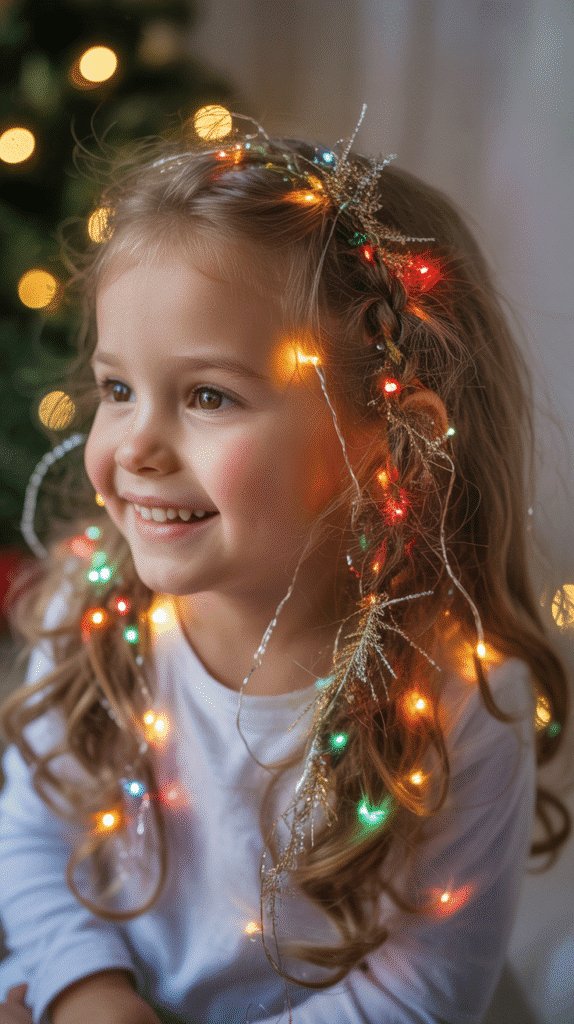 25 Adorable Christmas Hairstyles for Kids That Spark Holiday Joy 12 Christmas Lights Hair Tinsel