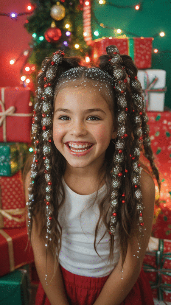 28 Fun Christmas Hairstyles for Kids with Beads Full of Holiday Spirit 15 Space Buns with Glitter and Bead Mix