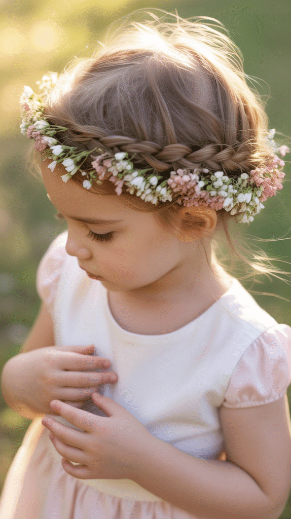 27 Easy Braided Hairstyles for Kids 27 Halo Braid with Flowers