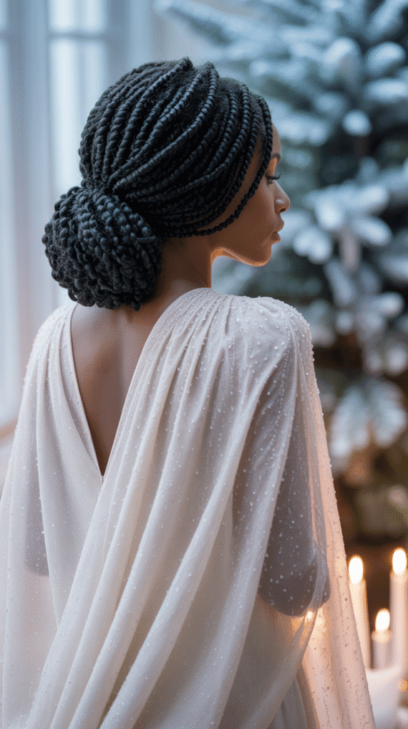25 Breathtaking Winter Wedding Hairstyles for Black Brides 24 Marley Twists Low Bun