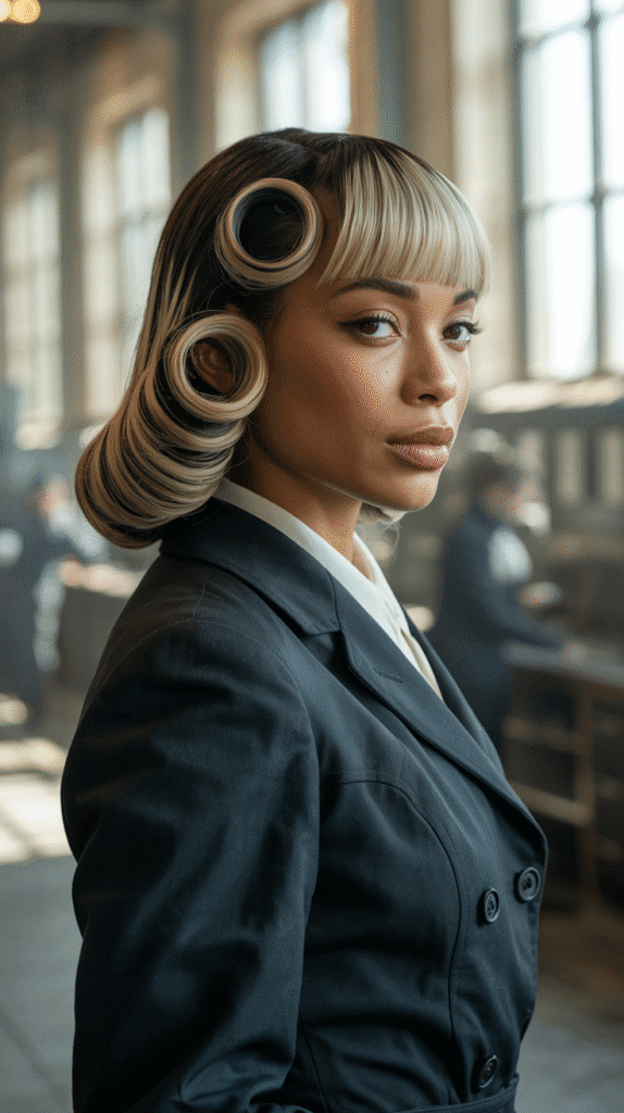 26 Cute Blonde Pin-Up Hairstyles for Black Women With Vintage Vibes 16 Rolled Bangs With Ash Blonde Balayage