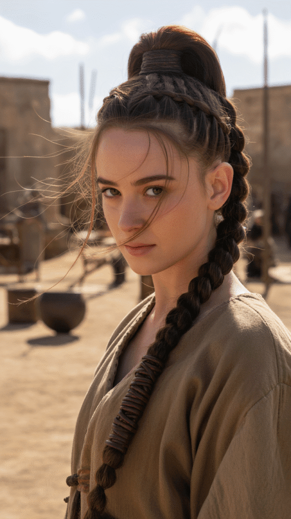 30 Fairytale-Inspired Medieval Hairstyles for Princesses 13 Braided Ponytail with Leather Wrap