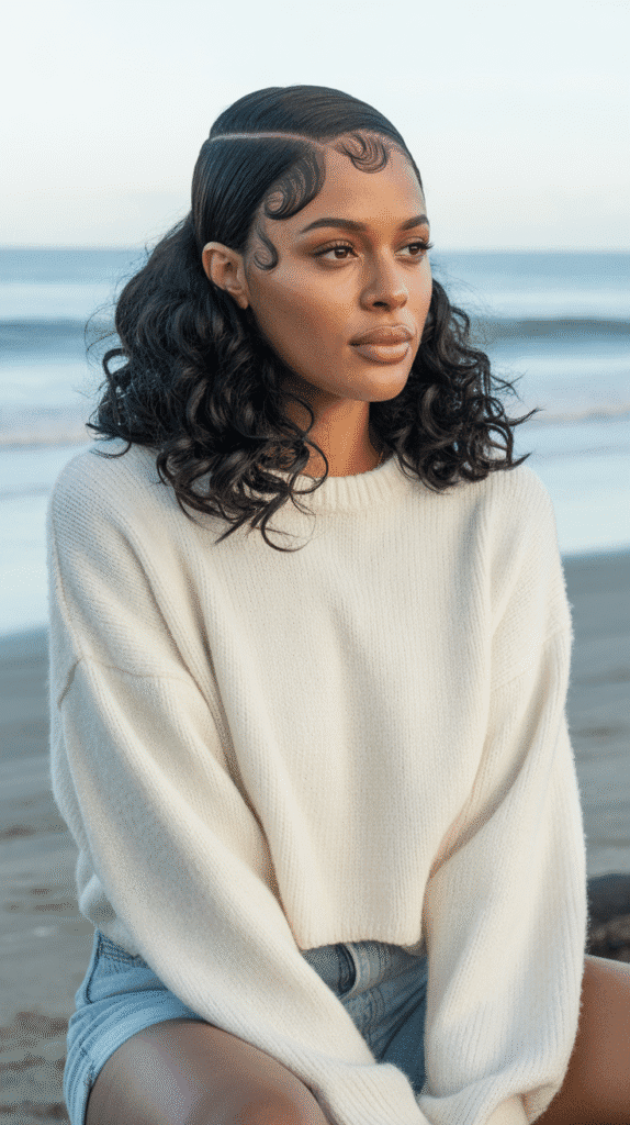 26 Flawless Winter Sew-In Hairstyles for Black Women That Look Effortless 16 Center Part with Beachy Waves