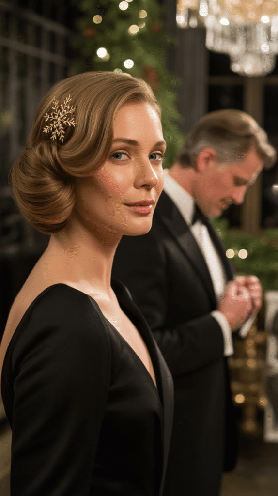 33 Simple Christmas Party Hairstyles for Medium Hair That Look Stunning 17 French Twist with Festive Hair Pins