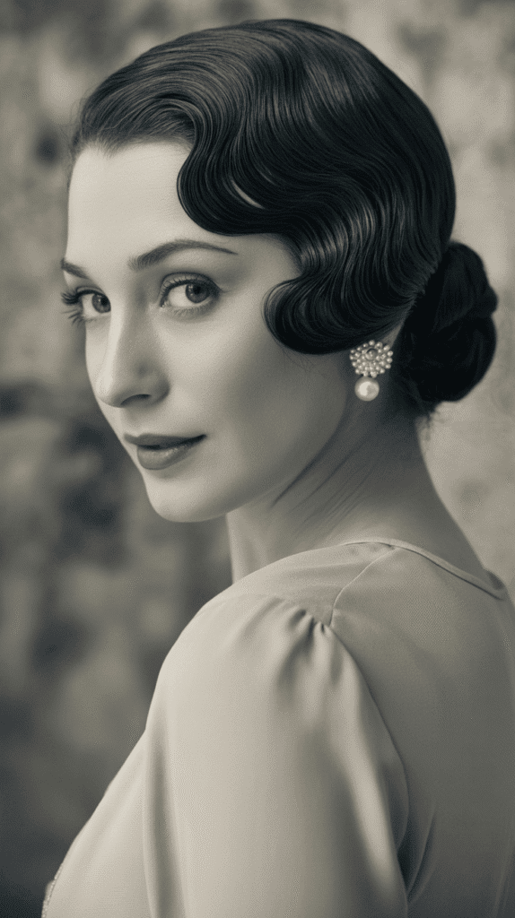 33 Elegant 1930s Updo Hairstyles for Long Hair You Must Try 25 Wrapped Chignon with Finger Wave Accents