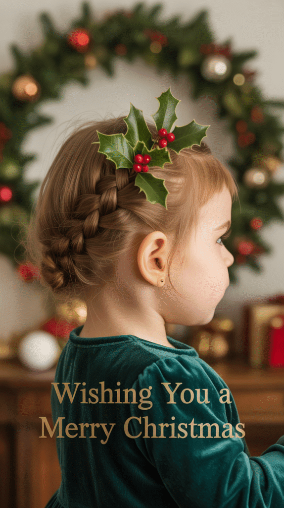 30 Cute Christmas Party Hairstyles for Kids That Are Adorable 29 Braided Bun with Holly Decoration