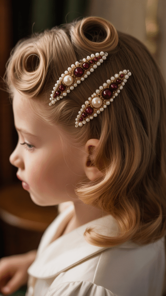 28 Fun Christmas Hairstyles for Kids with Beads Full of Holiday Spirit 28 Victory Rolls with Beaded Bobby Pins
